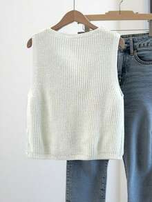 Women's Versatile V-Neck Knit Vest, Spring/Summer Fashion Piece, Button Front Sleeveless Cardigan Knitwear Top White - White - View 3