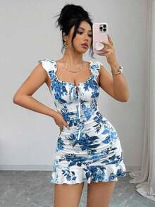 Vestido camisero con volantes en el bajo y hombros descubiertos, estilo vintage con estampado - Vestido entallado de línea A - Azul 2 - Ver 5