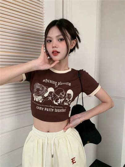 Sexy americano Y2K Streetwear Crop Top Patchwork cuello redondo ajustado Casual de moda camisetas de manga corta novedad de verano 2025 camisetas