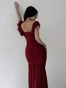 Vestido ajustado con volantes en el bajo, cintura anudada y malla verde elegante para mujeres, adecuado para fiestas, vacaciones, festivales de música, temporada de bodas, brunch, Día de San Patricio, vestidos largos bohemios para mujeres, Fairycore, atuendos de vacaciones, vestidos de graduación, atuendos de playa, atuendos de aeropuerto - Burdeos - Ver 4