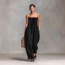 2026 Spring/Summer New Cotton-Linen Blend Simple Strapless Tube Top Jumpsuit - 粉紅色 - 查看 2