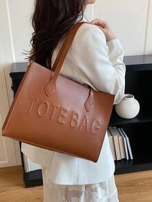 Bolso de mano grande para mujer, de material de piel sintética, con diseño de doble correa para el hombro, espacioso para ir al trabajo y de compras - Marrón - Ver 3