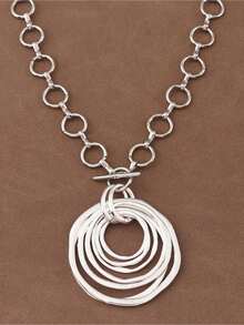 1 Piece Silver/Matte Gold Color Large Open Hollow Multi-Layer Asymmetrical Round Circle Pendant Chunky Chain Statement Necklace Suitable For Women's Daily Wear 18"+2" Extend Chain - Bạc và Vàng - Xem 4