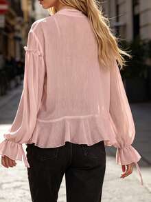 Women's Sheer Ruffle Tops Fashionable Solid Color V Neck Long Sleeve Tie Front Loose Blouse - 粉色 - 查看 5