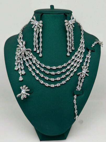 5pcs/Set Luxury Jewelry Set: Copper Cubic Zirconia White Bow Necklace, Earrings, Ring, Bracelet 4-Piece Bridal Wedding Party Accessories, Valentine's Day Gift For Her