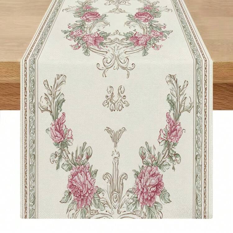 1pc European Retro Style Table Runner, Floral Wreath Pattern, Suitable For All Seasons. Can Be Used On Dining Table, Coffee Table, Sideboard, TV Stand, Vanity, Nightstand, As Well As For Weddings, Afternoon Tea, Birthday Parties, Holiday Gatherings - Multicolor - View 10