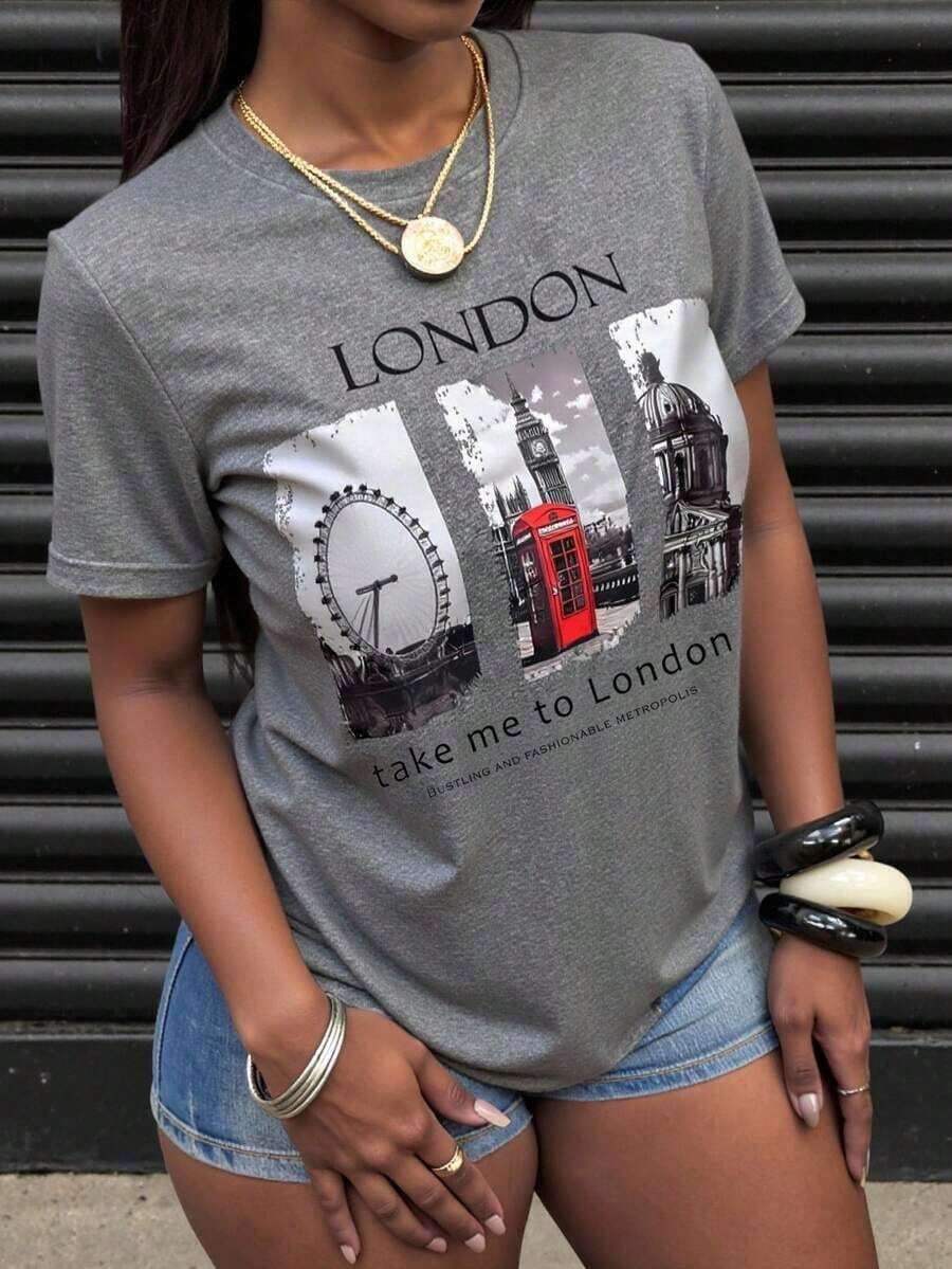 Free Shipping, Local Delivery In Mexico, 4-Day Delivery. Short-Sleeve Crew Neck T-Shirt With Letter And Landscape Print For Casual Summer Wear. Take Me To London BUSY AND FASHIONABLE METROPOLIS Graphic T-Shirts For Women. - 灰色的 - 查看 1