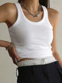 Solid Ribbed Knit Tank Top Y2k - 白色 2 - 查看 4