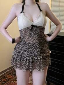 Girl's Pure Desire Style Sheer Mesh Camisole, Y2K Retro Leopard Print With Lace Butterfly Patchwork Long Tank Top, Sexy And Hot Summer Outfit - con lạc đà - Xem 4