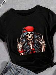 Unity Camiseta de cuello redondo con estampado de calavera de Halloween, top casual de manga corta para primavera y verano - Negro 2 - Ver 3