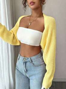 Raffinéa Cárdigan corto de punto acanalado de unicolor elegante para mujer, otoño - Amarillo claro - Ver 5