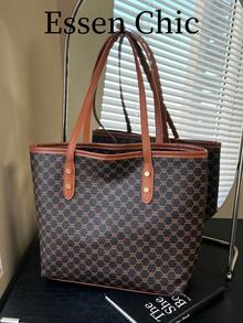 1pc Coffee Brown Spring New Metal Hardware Decor Large Capacity Tote Bag, Women Shoulder Bag - Coffee Brown - View 6