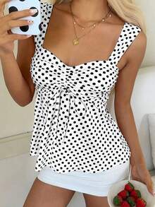 Nueva Colección Primavera/Verano 2026 para Mujer: Blusa/Top sin Mangas con Volantes y Cordón Ajustable, Estampado de Lunares Marrones, Estilo Casual y Versátil, Top de Verano - Blanco - Ver 4