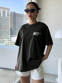 Camiseta de gran tamaño con estampado de letras y mensaje CHERISH EFFECT DREAM. - Negro - Ver 2