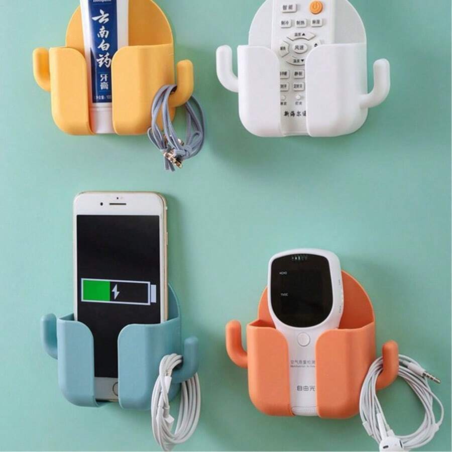 2pcs Classic Wall-Mounted Phone Holder, Plastic Storage Organizer, Suitable For TV Remote, Air Conditioner Remote, Bedside Charging Stand, No Power Required