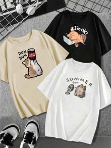 Women's T-Shirt, Single Garment Style, Not A 3-Piece Set. 1 Piece/Set Of Short-Sleeved T-Shirts Suitable For Streetwear, Daily Outings, Camping, Concerts, Hip-Hop, Rock, And Rap Events. Casual With Cartoon Cat Print, Various Colors, Loose Fit, Round Neck, Short Sleeves, Spring/Summer, Everyday Wear. - 白色 - 查看 2