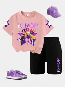 Tween Girls Group Print Round Neck Short Sleeve T-Shirt + K-POP Letter Pattern Tight Shorts Spring/Summer New Girls 2-Piece Set - Multicolor - View 1