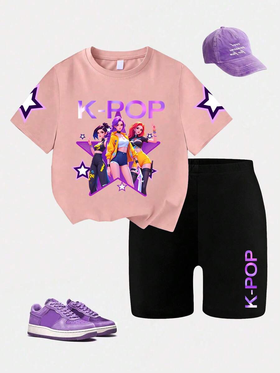 Tween Girls Group Print Round Neck Short Sleeve T-Shirt + K-POP Letter Pattern Tight Shorts Spring/Summer New Girls 2-Piece Set - Multicolor - View 1