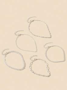 Wis 5 pièces Set Bracelet de cheville en cuivre brillant fait main avec pendentif en forme de cœur creux multicouche, convient pour les femmes, les vacances à la plage, les fêtes, accessoires de bijoux de pied, cadeau pour les amis - Argent - Voir 3