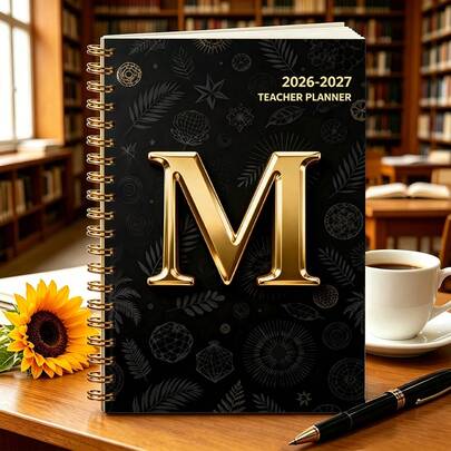 1 cuốn sổ kế hoạch giảng dạy năm học 2026-2027, khổ A5, gáy xoắn, in hình học với chữ M mạ vàng, lý tưởng cho việc tổ chức lớp học.