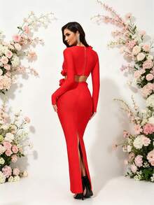 Love Aing 女款手工 3D 玫瑰方領鏤空腰長袖修身長洋裝，優雅緊身夏季生日派對/舞會禮服 - 紅色 - 查看 2