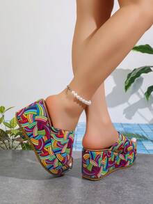 2025 Latest Fashion Women's Shoes, Colorful Striped Round Toe Platform Wedge Sandals, High Waterproof Slip-On Suitable For Home And Outdoor Wear, Elegant Personalized Party Date Increased Height Comfortable Stable Sandals - Green - View 6