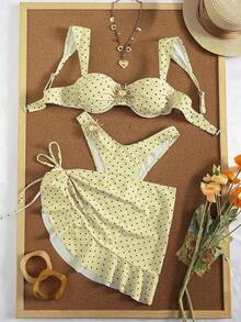 Conjunto de traje de baño tipo tankini de 3 piezas de unicolor, diseño de tirantes anchos con aros para un soporte cómodo, estilo de playa de moda, perfecto para fiestas de playa y piscina en verano Blanco - Amarillo-marrón - Ver 3