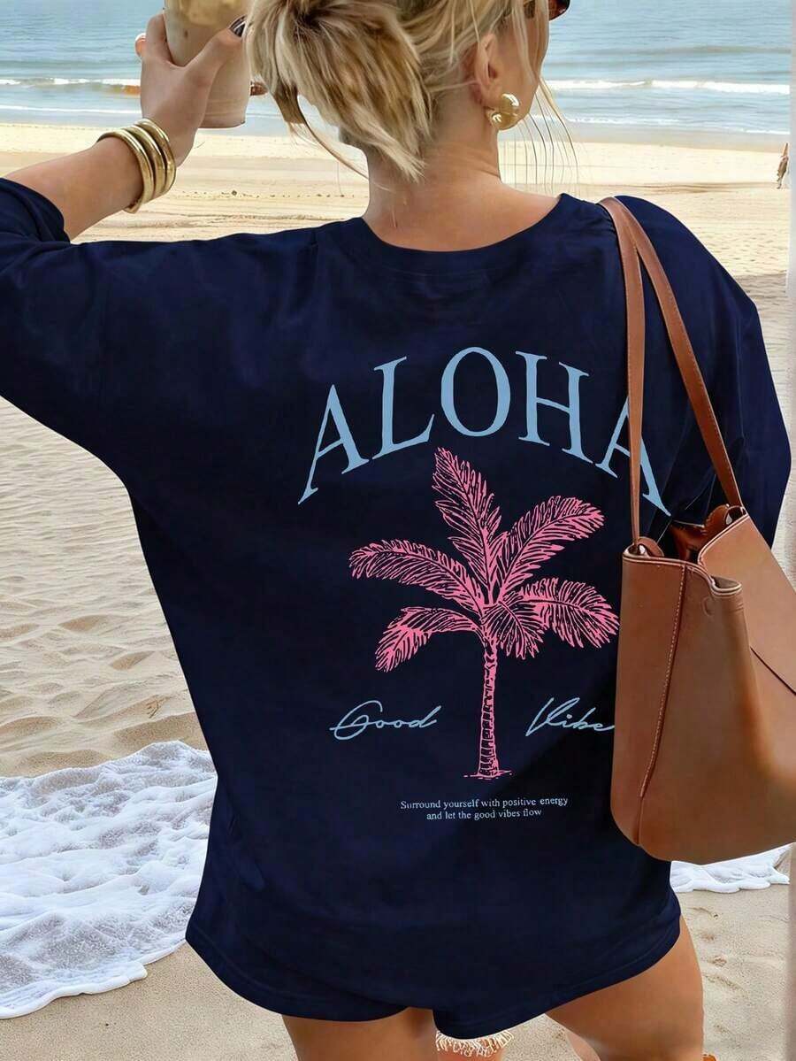 Camiseta de manga corta con cuello redondo y estampado de palmeras para mujer, estilo casual y moderno, tu prenda esencial diaria.Camiseta con Estampado, Tops para Mujer, Vacaciones de Verano - Azul marino 2 - Ver 1