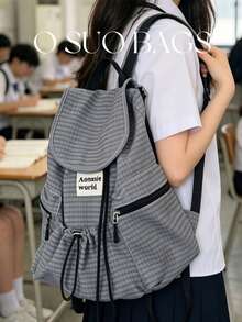 Large Capacity Fashionable Plaid Multi-Pocket Nylon Casual Backpack, Waterproof Lightweight Foldable Drawstring Patch Letter Travel Bag, Summer - Grey - View 3