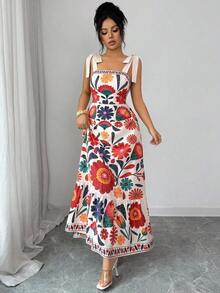 Vestido largo de verano con estampado vintage, hombros con cordones, corte en la cintura para vacaciones y playa para mujeres - Multicolor 2 - Ver 3