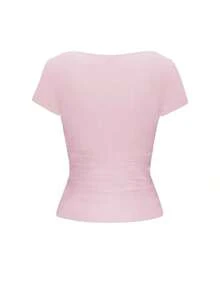 Blusa ajustada y sexy de punto para mujer , camiseta casual de cuello cuadrado de unicolor, primavera/verano - Rosa - Ver 4