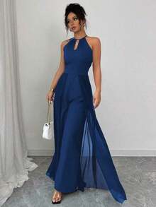 Mono elegante de mujer con cuello en V, cintura ajustable, sin mangas, de gasa con parches, y bajo translúcido - Azul marino - Ver 6