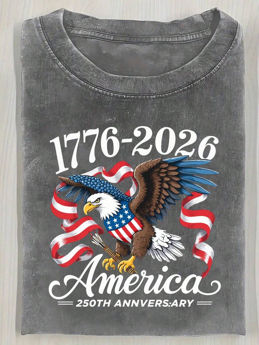 One 230g Water-Washed T-Shirt, Model 17762026, A Vintage Pink, Distressed-Look T-Shirt Celebrating The 250th Anniversary Of The Founding Of America, With White Text And A Bald Eagle Design With The Stars And Rays Flag. This Patriotic-Themed T-Shirt Is Perfect For Independence Day. 180g 100% Cotton - 灰色 - 查看 1