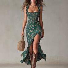 2026 New Bohemian Retro Ruffle Sleeveless Strap High-Slit Dress - 酒紅色 - 查看 5