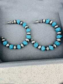 3 Pares Pacote de Valor Conjunto de Brincos com Contas, Brincos de Argola de Estilo Pérola Turquesa + Escovada Antiga com 4,5cm, Uso Diário Versátil para Mulheres - Azul - Visão 10