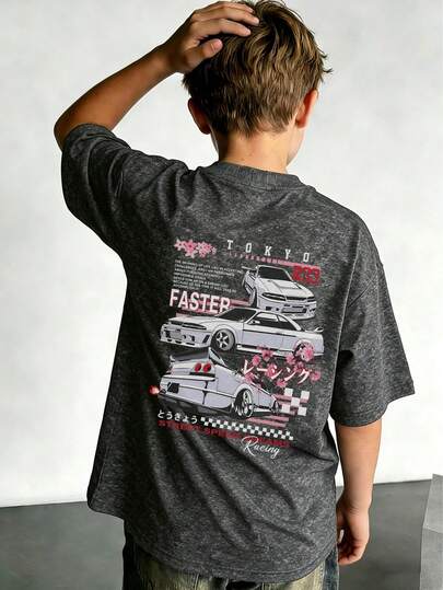 Tween Boy Printed Pullover Washed Short Sleeve T-Shirt, Student Youth Clothing, Summer Top Prepared For Boys Ready To Play