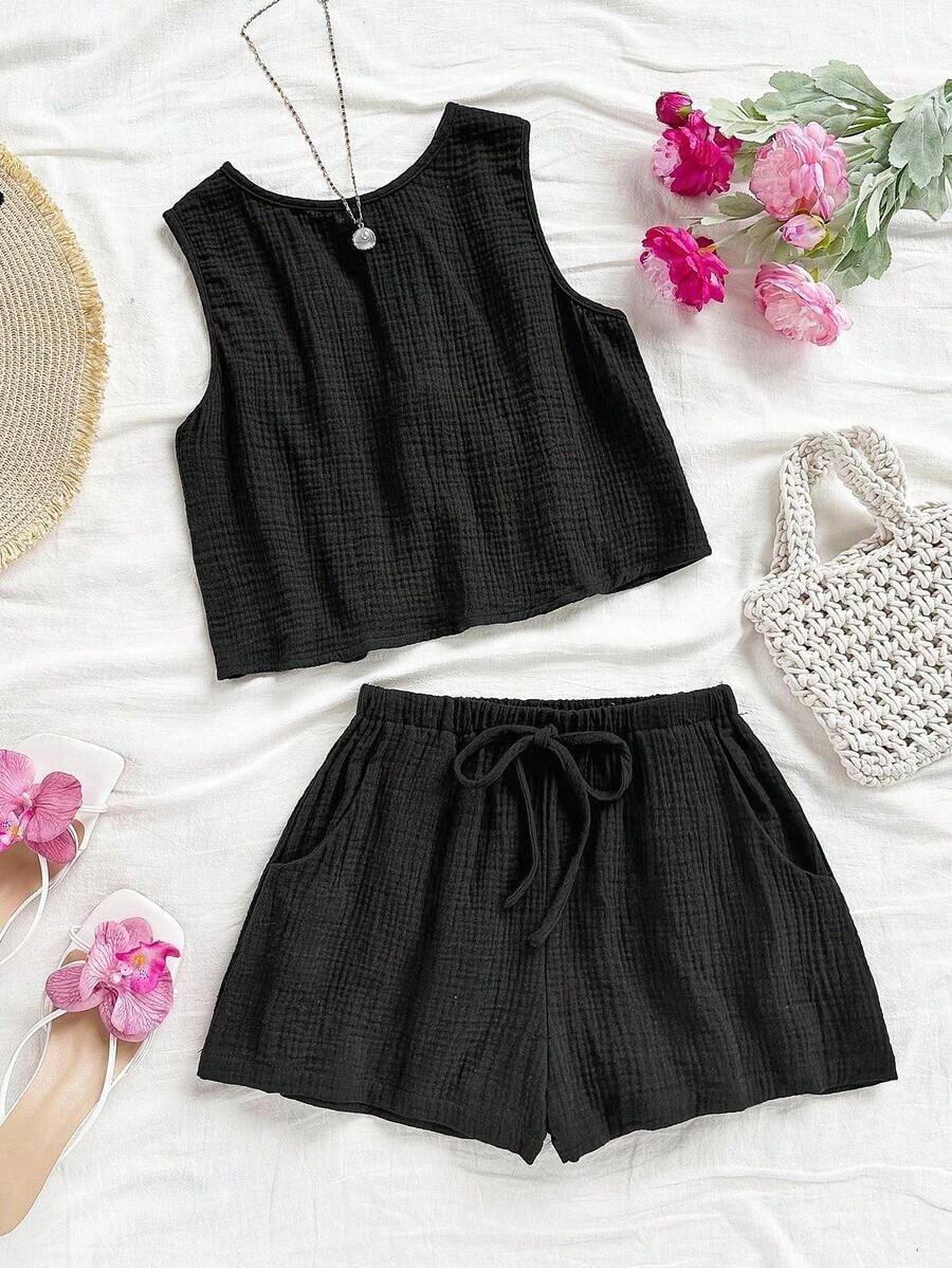Top sin espalda con textura y lazo, holgado y casual para vacaciones, shorts casuales con elástico en la cintura y bolsillos, para playa y mar - Negro - Ver 1