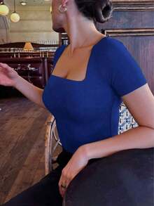 Blusa de manga corta con cuello cuadrado, elegante y versátil, adecuada para uso diario, ir al trabajo y salir, primavera y verano - Agua verde azul - Ver 3