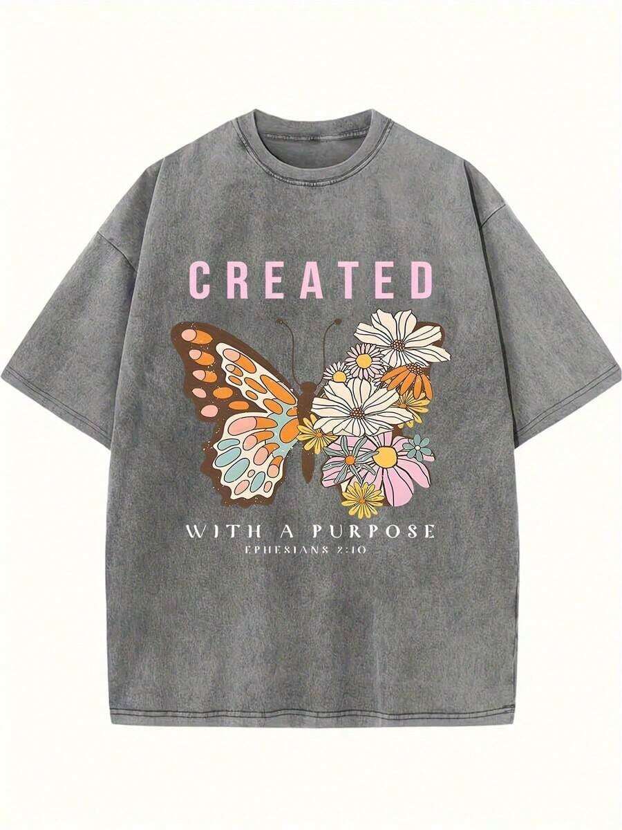 Summer T-Shirts 2026 - Women's Retro Washed Cotton T-Shirt - 230g Thick Cotton, Loose Fit, Crew Neck, Short Sleeve, Vintage Urban Style With Floral Butterfly Print And Inspirational Lettering, Machine Washable, Casual Spring/Summer T-Shirt, Cotton T-Shirts, Comfortable Everyday Wear T-Shirt, Relaxed Fit T-Shirt, Soft Texture T-Shirt, Washed Cotton Summer Clothes - 白色 - 查看 1