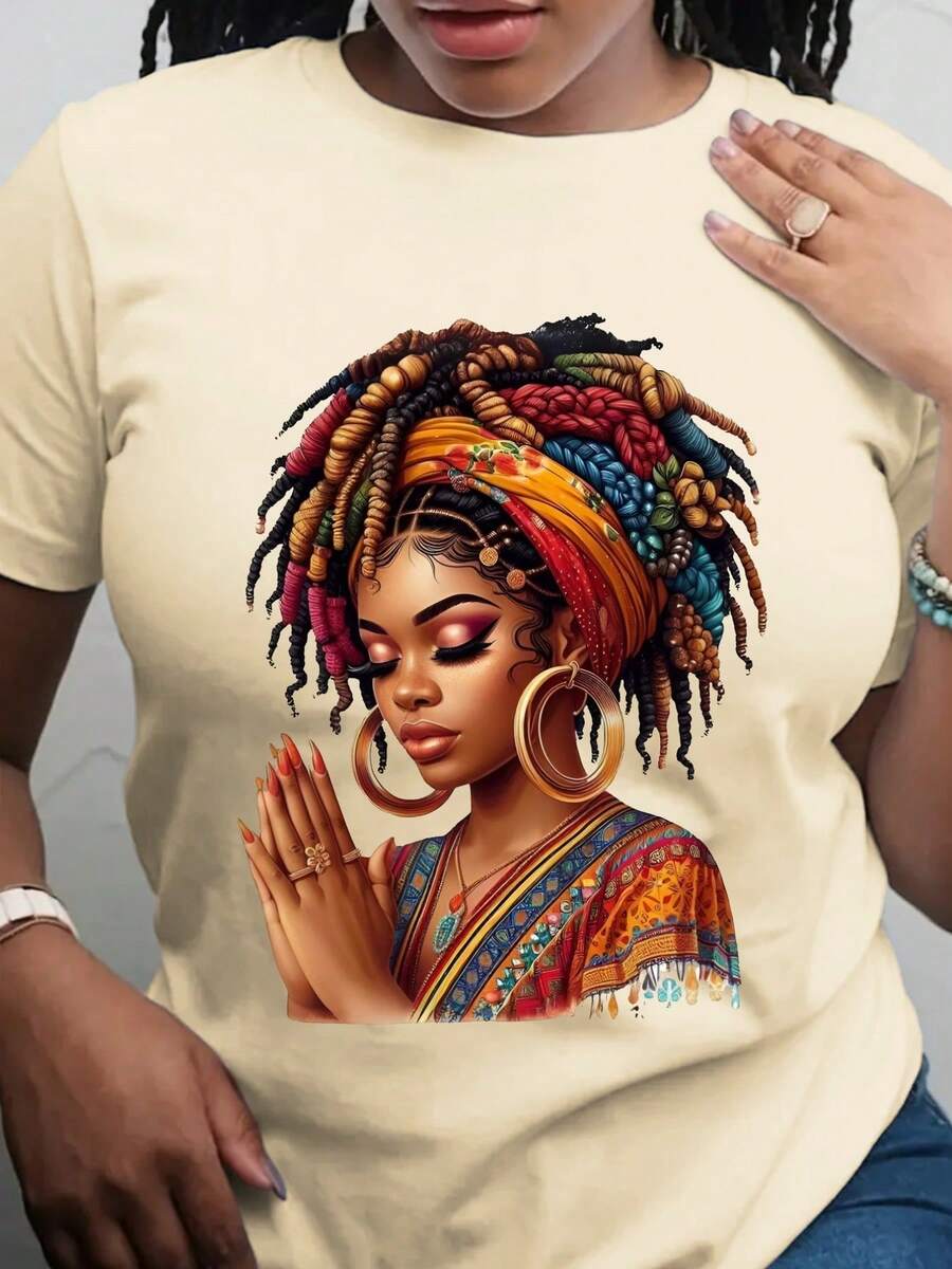 Short-Sleeved T-Shirt With African Print, Suitable For Women, Suitable For All Seasons, High-Quality Breathable Fabric, Casual Sportswear, Machine Washable And Durable - Unisex Loose-Fitting Cotton T-Shirt With Short Sleeves And Round Neck In An Urban Vintage Style. - 杏色 - 查看 1