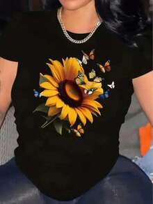 Women's Casual T-Shirt With Sunflower And Black Butterfly Print - Round Neck, Short Sleeve For Spring Summer, Machine Washable, Comfortable Vacation Wear 1 Casual Sweet Elegant High Elasticity Beach Night Holiday Wedding Summer Heart Graphic GHIU - 黑色 - 查看 8