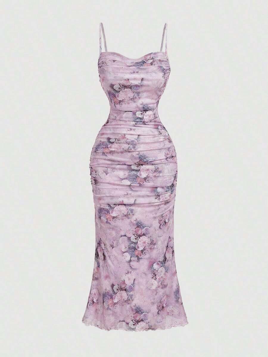 Vestido largo de verano con estampado floral rosa, en tela de malla fruncida.Vestidos de verano, ropa de primavera - Lila Púrpura - Ver 1