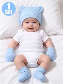 Bộ 1 mũ bệnh viện cho trẻ sơ sinh có tai dễ thương, mũ len dệt kim unisex cho bé 0-3 tháng và bộ găng tay chống trầy xước. - 1 bộ - Xem 3