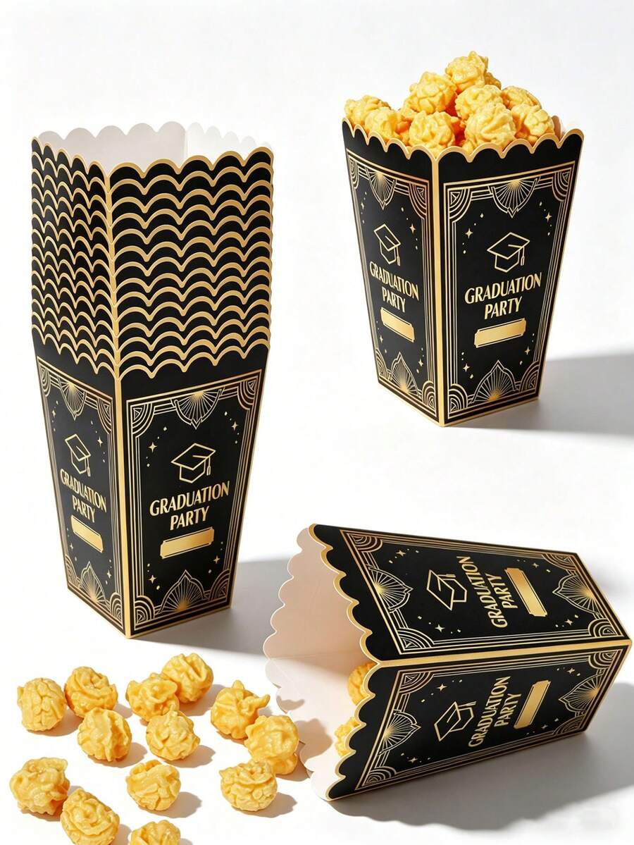 Luxury Black Gold Graduation Popcorn Boxes Elegant Foldable Paper Snack Holder For Grad Party Celebration - Graduation Popcorn Box - View 1