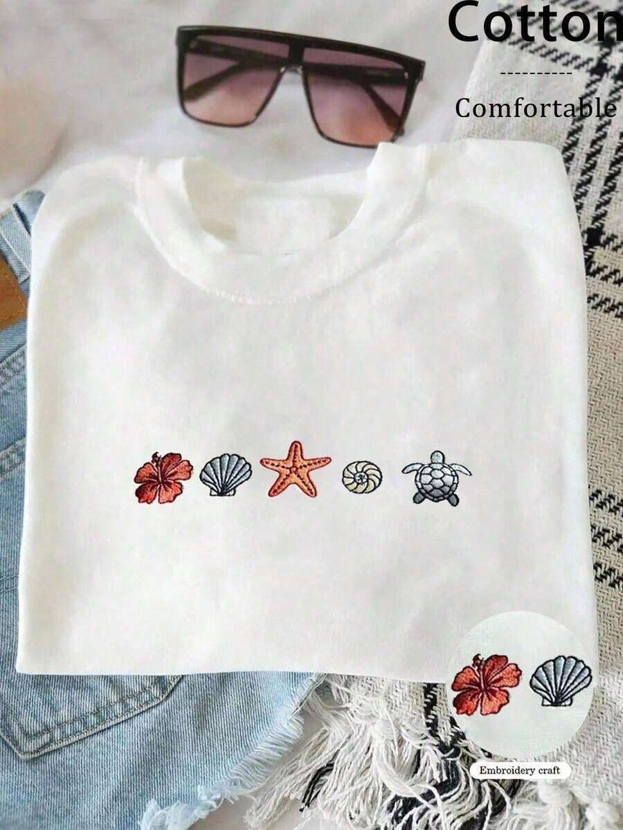 Women's Casual Printed T-Shirt, Short Sleeve And Round Neck, Local Urban Fashion Spring/Summer. Women's Blouses, Women's T-Shirts. 180g (S-XXXL) - 白色 3 - 查看 1