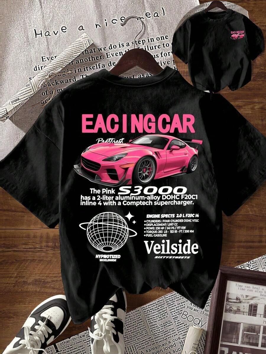 Camiseta personalizada de manga corta con cuello redondo, estampado de eslogan y coche, estilo casual para mujer - Camiseta unisex de algodón holgada de manga corta y cuello redondo estilo vintage urbano. - Negro - Ver 1