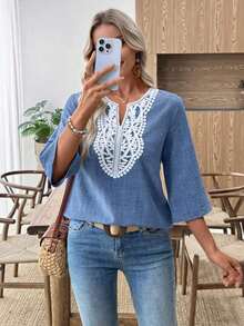 Blusas casuales de mujer de manga larga con escote en pico en unicolor, blusas de manga tres cuartos - Azul - Ver 6