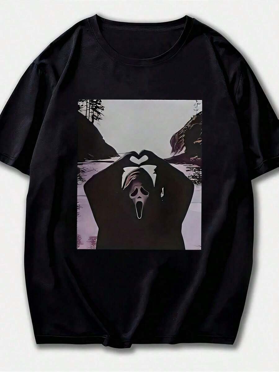 1 Pieza Moda Informal Para Hombres Y Mujer Primavera/Verano/Otoño Camiseta casual minimalista de talla grande para mujer con estampado de manera de fantasma gritando y diseño de Gesto de mano es forma de corazón, adecuada para uso casual al aire libre es primavera, verano y otoño, color El negro es versátil, fácil de combinar, adecuado para el uso diario, el estilo urbano, los conjuntos de vacaciones y la ropa de fin de semana. - Negro - Ver 1