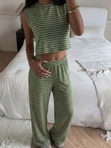 Conjunto de 2 piezas para mujer, top sin mangas a rayas y pantalones, casual - Verde - Ver 4