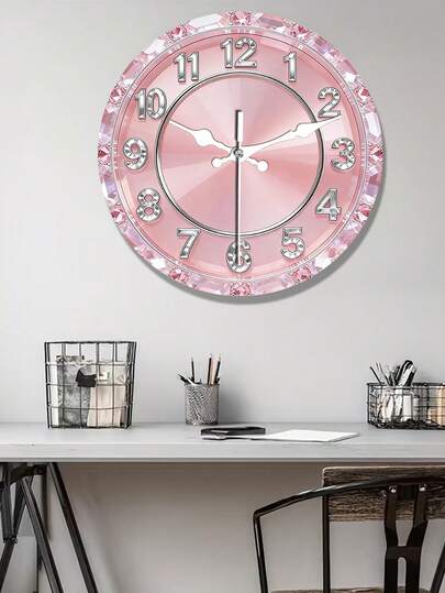 1pc 2D Flat Pink Crystal Theme Silent Decorative Wall Clock, Creative Clock Suitable For Bedroom, Living Room, Office, Size 10/12 Inches (Batteries Not Included)